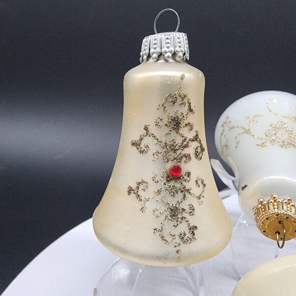 VTG Glass Bell Christmas Ornaments Birds & Floral Designs Jeweled Germany Krebs - Picture 5 of 12